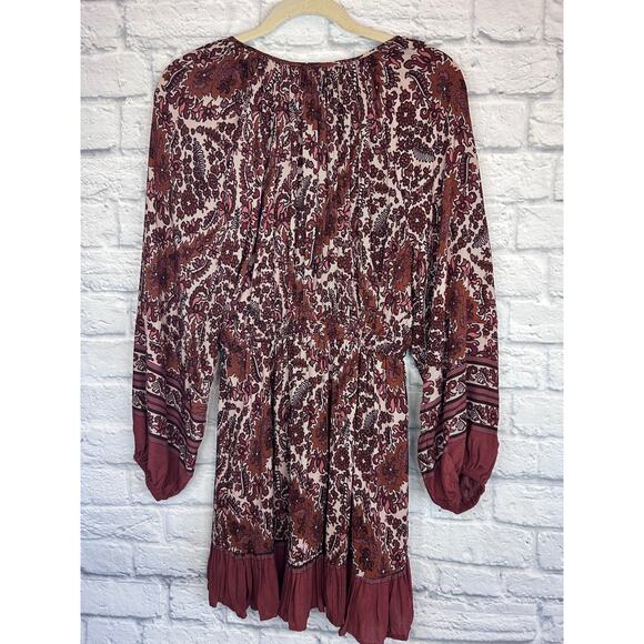 OLIVACEOUS Cottage Core Boho Floral Ruffled Mini Dress Balloon Sleeve Brown Sz M - Picture 2 of 8